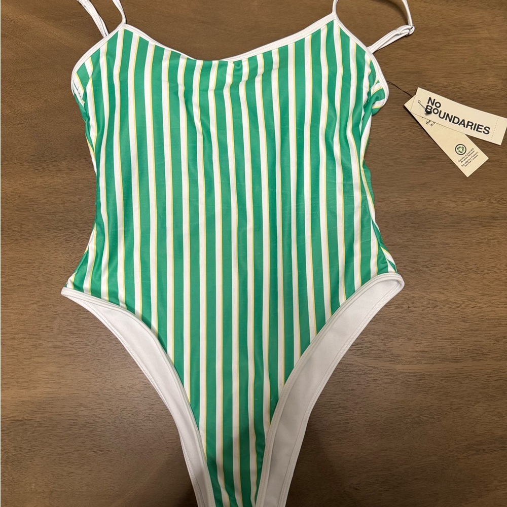 No Boundaries Green and White Stripe One-Piece Swimsuit